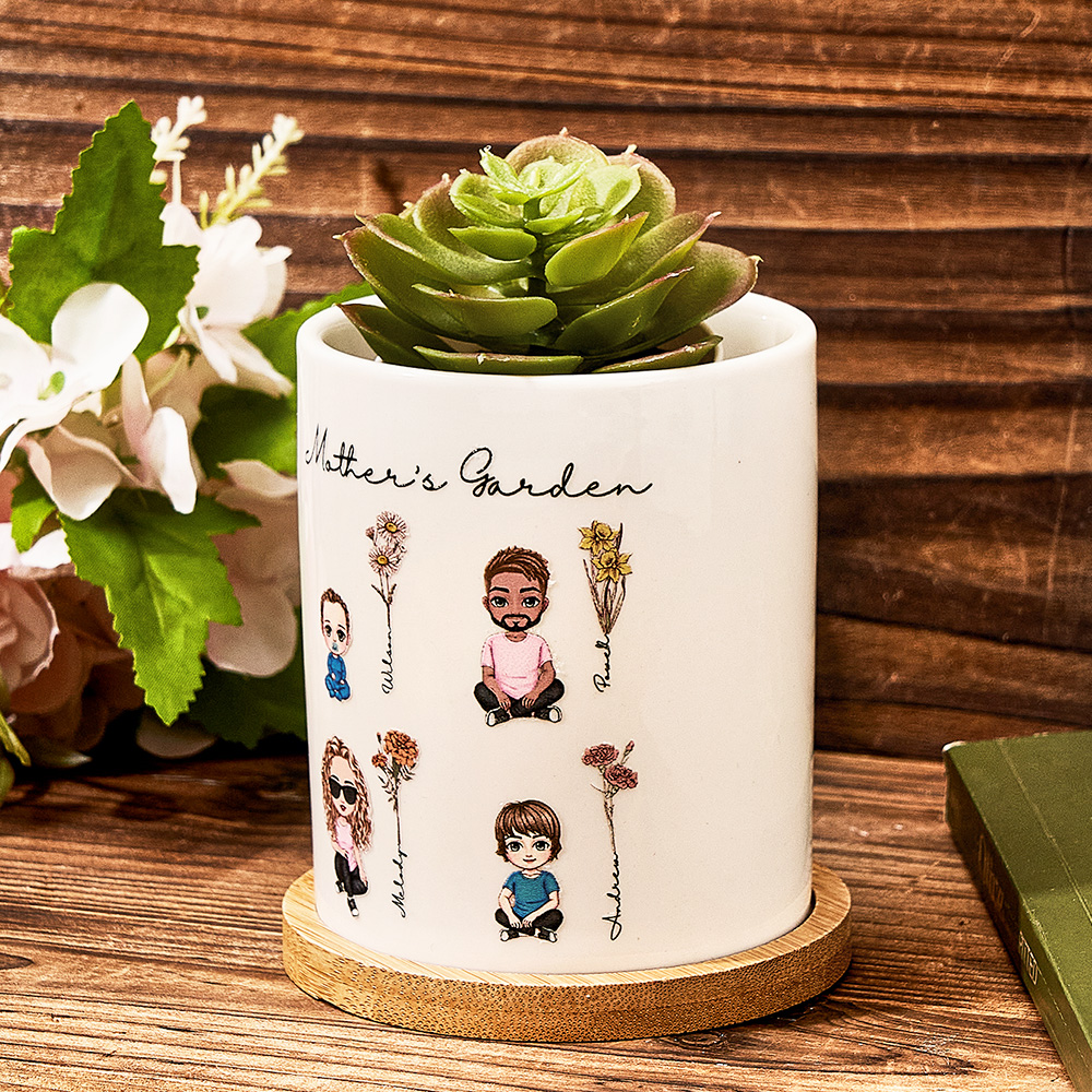 Surpreenda com um vaso de cerâmica personalizado com figuras em cartoon e flores de nascimento. Um presente único e especial para mães e avós. Personalize já!
