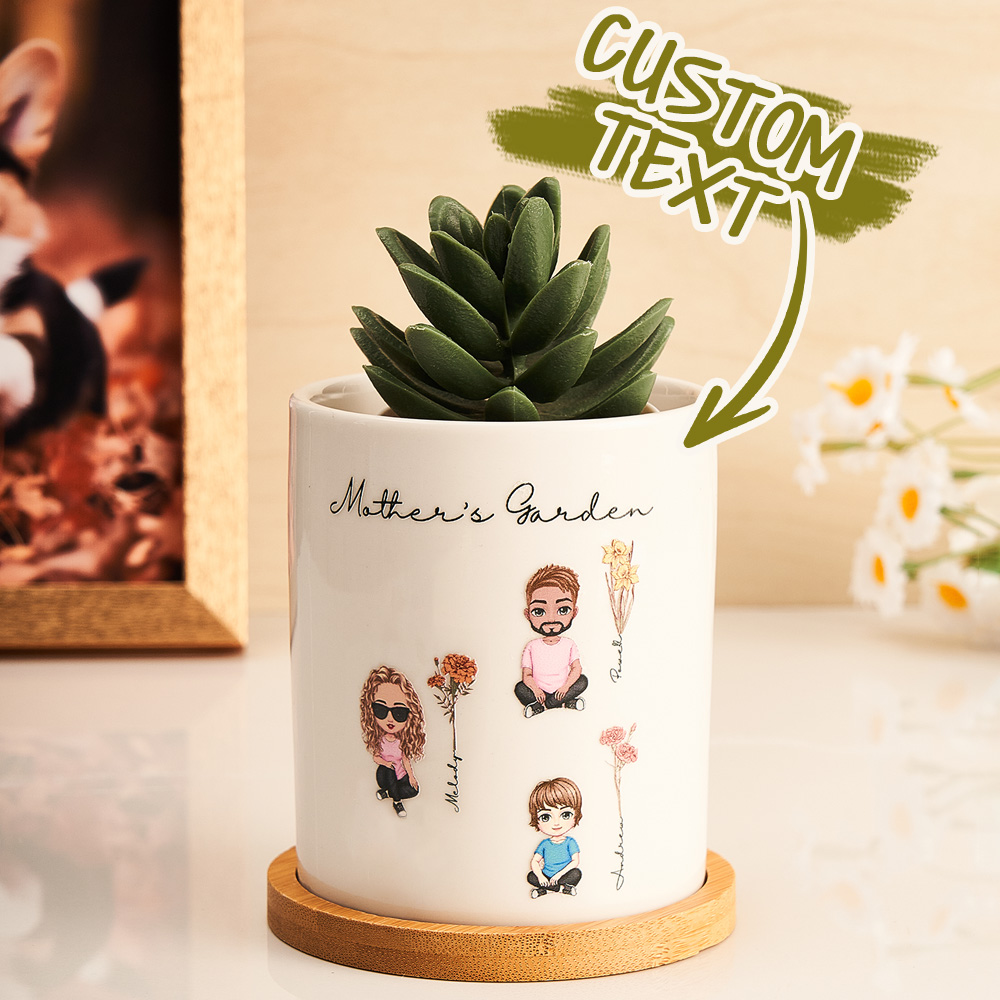 Surpreenda com um vaso de cerâmica personalizado com figuras em cartoon e flores de nascimento. Um presente único e especial para mães e avós. Personalize já!