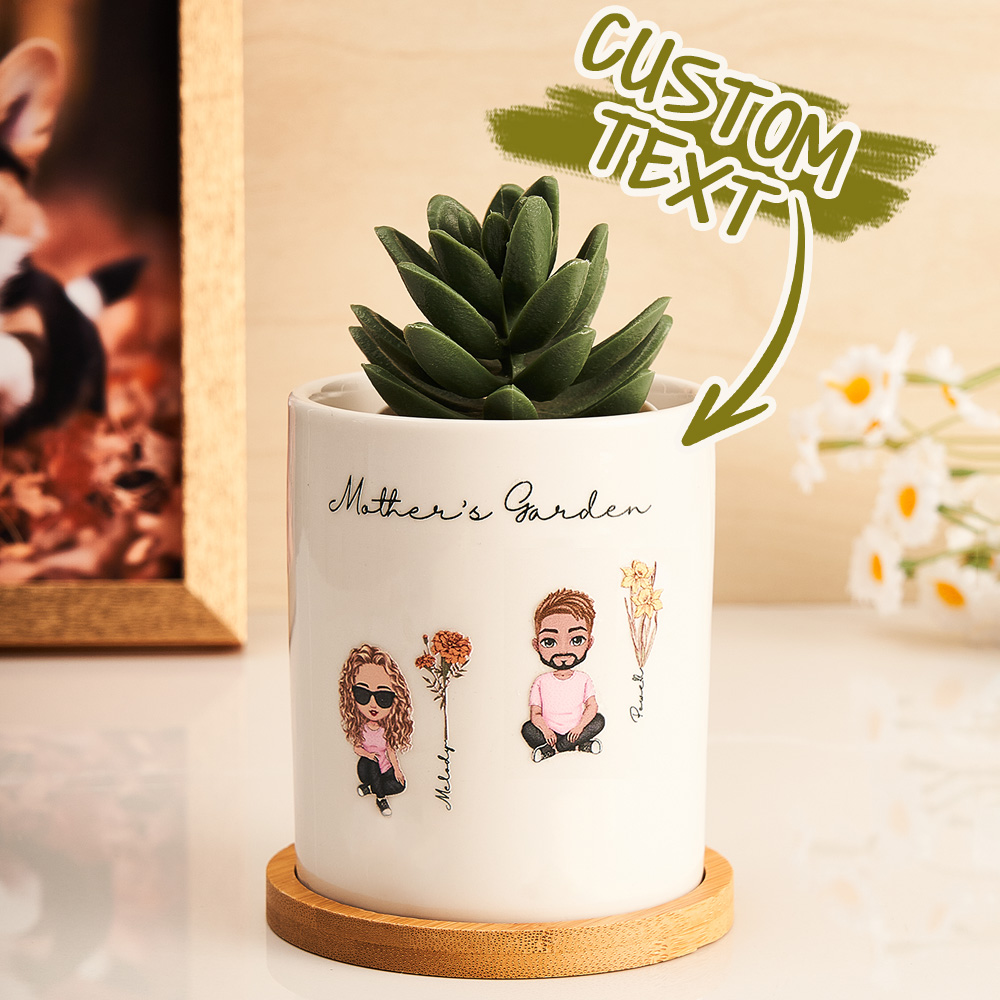 Surpreenda com um vaso de cerâmica personalizado com figuras em cartoon e flores de nascimento. Um presente único e especial para mães e avós. Personalize já!