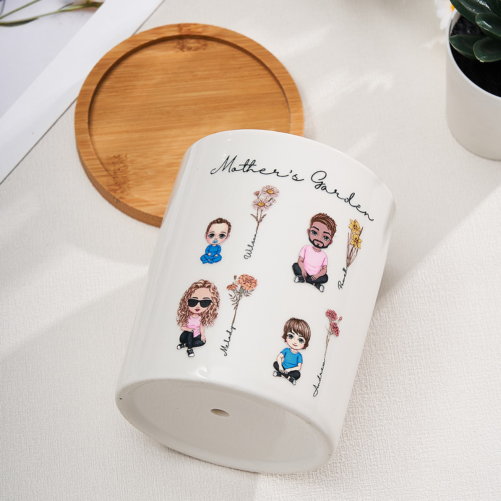 Surpreenda com um vaso de cerâmica personalizado com figuras em cartoon e flores de nascimento. Um presente único e especial para mães e avós. Personalize já!