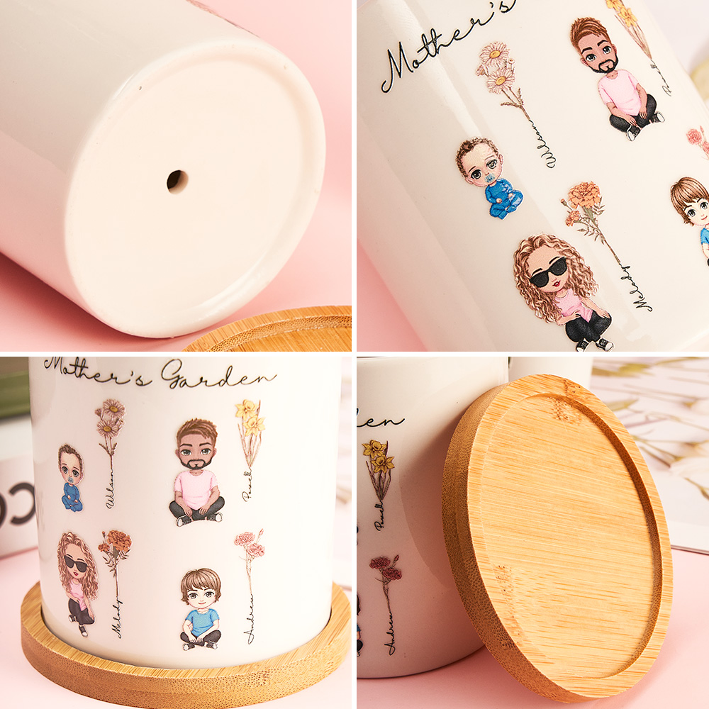 Surpreenda com um vaso de cerâmica personalizado com figuras em cartoon e flores de nascimento. Um presente único e especial para mães e avós. Personalize já!