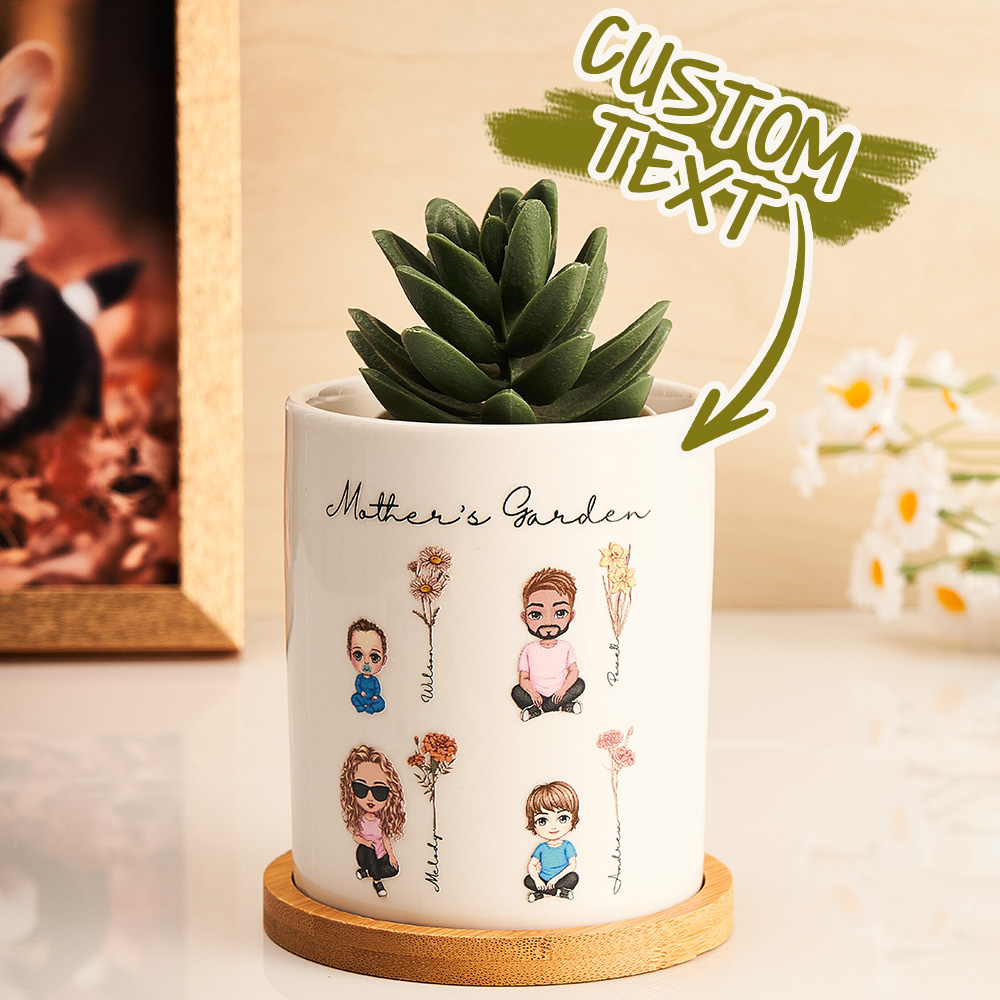 Surpreenda com um vaso de cerâmica personalizado com figuras em cartoon e flores de nascimento. Um presente único e especial para mães e avós. Personalize já!