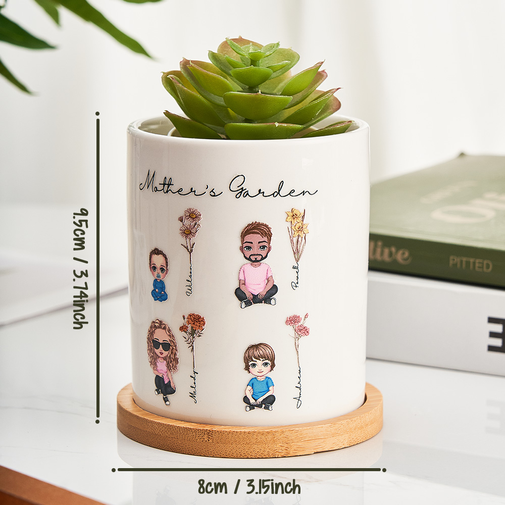 Surpreenda com um vaso de cerâmica personalizado com figuras em cartoon e flores de nascimento. Um presente único e especial para mães e avós. Personalize já!