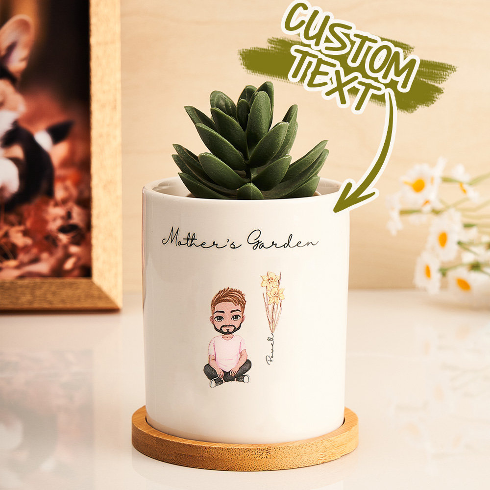 Surpreenda com um vaso de cerâmica personalizado com figuras em cartoon e flores de nascimento. Um presente único e especial para mães e avós. Personalize já!