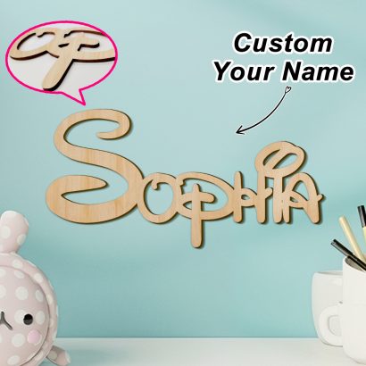 Nome decorativo em madeira com corte a laser, ideal para quartos de bebé, aniversários ou batizados. Personaliza com o nome que quiseres e oferece uma prenda única e especial.