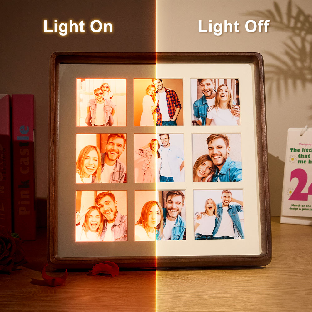 Personalize esta moldura iluminada com 9 fotos e surpreenda com um presente original e emotivo. Ideal para datas especiais e decoração de interiores.