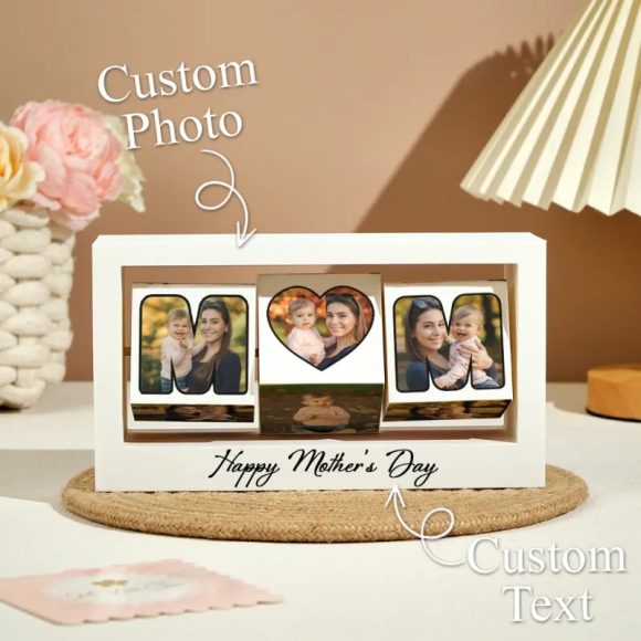 Surpreende com uma prenda original e personalizada. Cubo rotativo com 6 fotos, perfeito para o Dia da Mãe, aniversários e decoração da casa.
