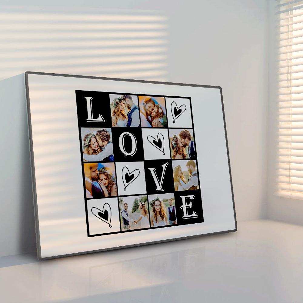 Oferece um quadro personalizado com fotos para casais. Ideal para aniversários, casamentos ou Dia dos Namorados. Um presente único e cheio de amor.