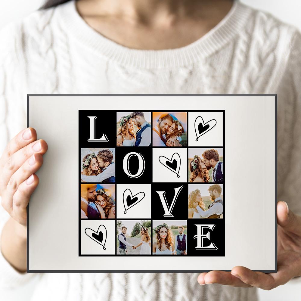 Oferece um quadro personalizado com fotos para casais. Ideal para aniversários, casamentos ou Dia dos Namorados. Um presente único e cheio de amor.