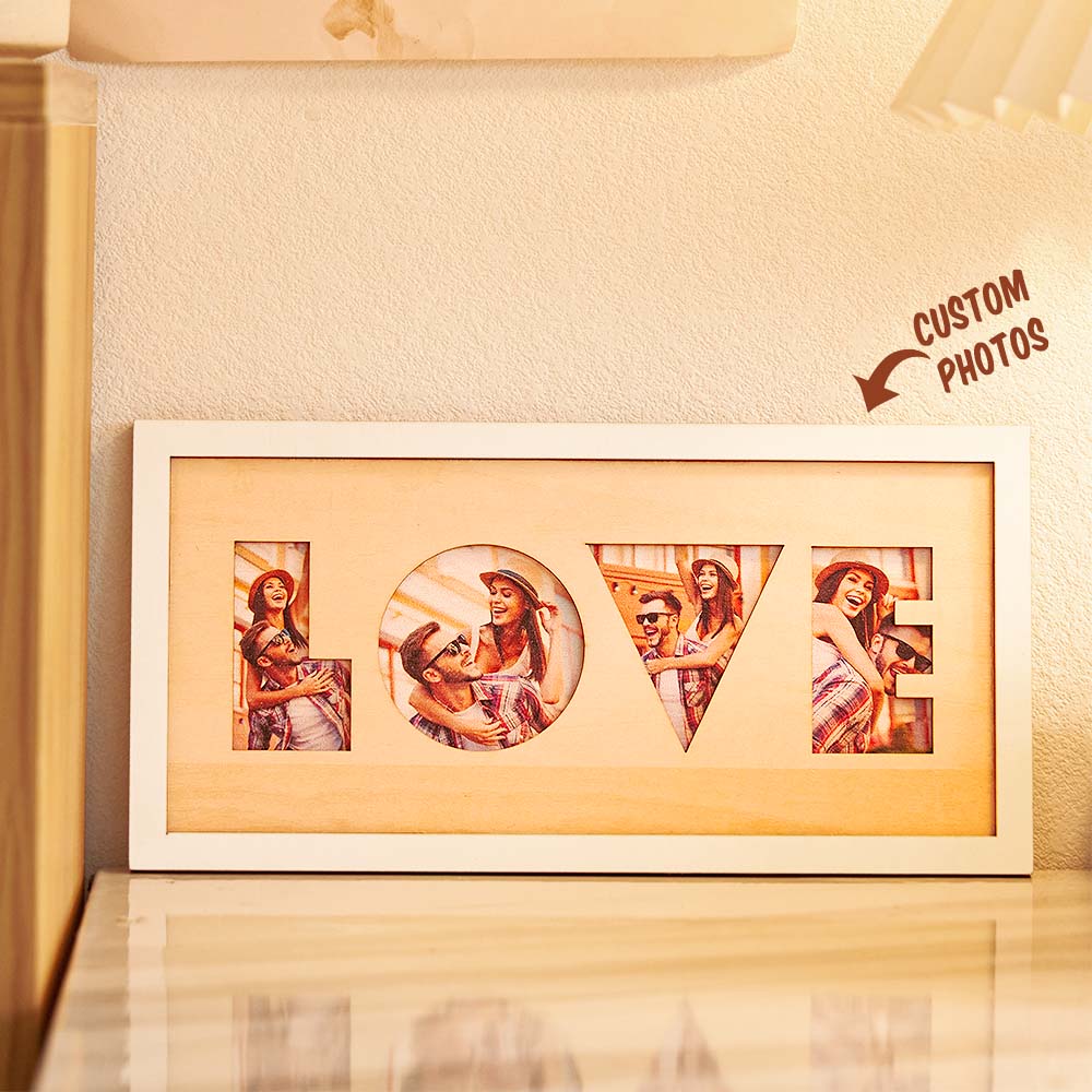 Oferece um quadro LOVE com fotos personalizadas. Ideal para casais e datas especiais. Decoração de parede com um toque pessoal e cheio de emoção.
