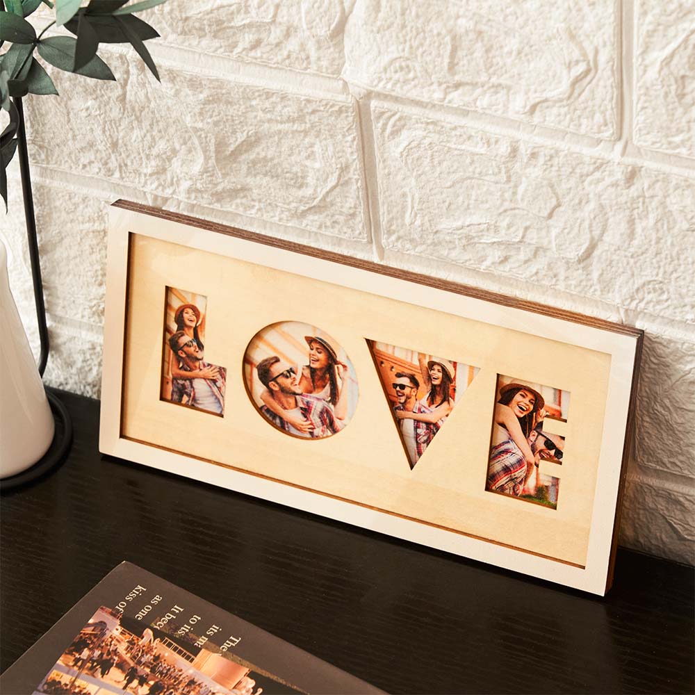 Oferece um quadro LOVE com fotos personalizadas. Ideal para casais e datas especiais. Decoração de parede com um toque pessoal e cheio de emoção.