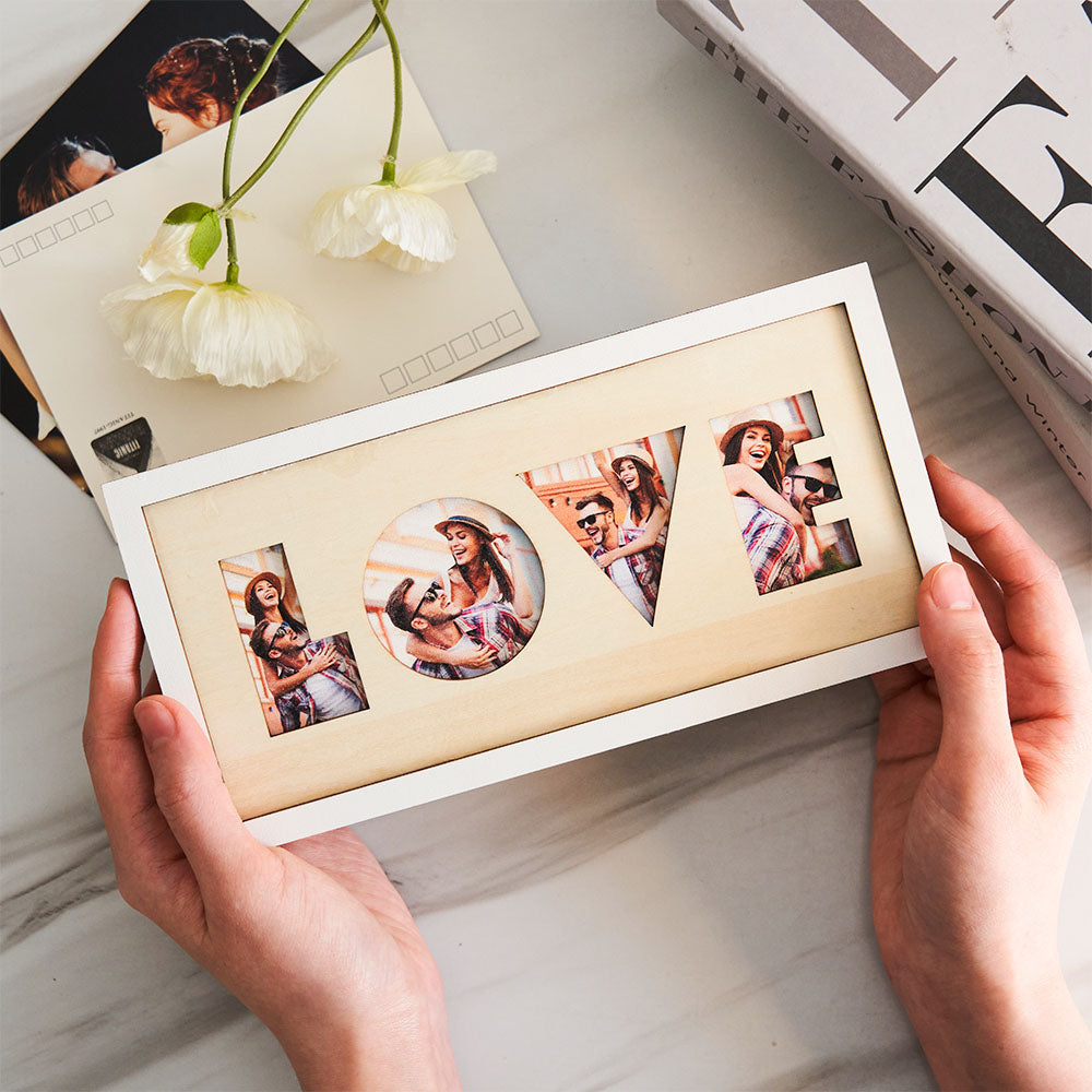 Oferece um quadro LOVE com fotos personalizadas. Ideal para casais e datas especiais. Decoração de parede com um toque pessoal e cheio de emoção.