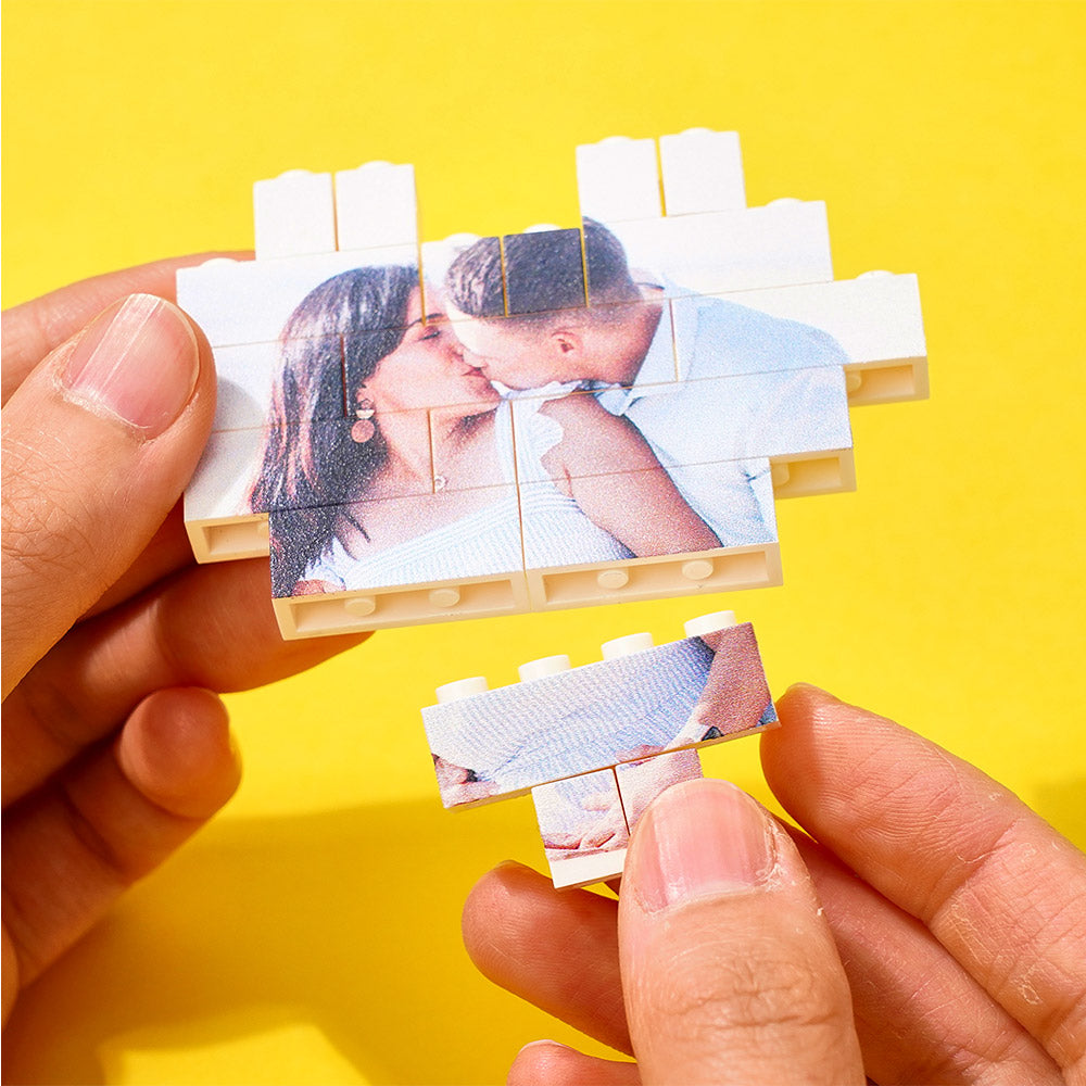 Surpreenda com um bloco de construção em forma de coração personalizado com foto. Presente único e emotivo para o Dia da Mãe, aniversários ou Natal.