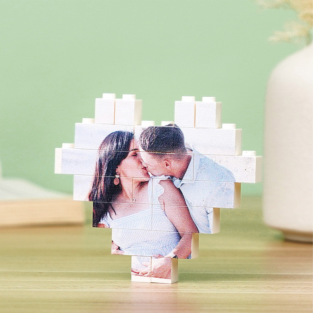 Surpreenda com um bloco de construção em forma de coração personalizado com foto. Presente único e emotivo para o Dia da Mãe, aniversários ou Natal.