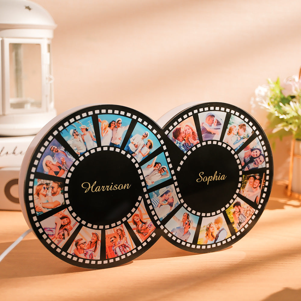 Descubra a lâmpada LED personalizada em forma de rolo de filme infinito. Personalize com nomes e fotos e ofereça um presente único e cheio de significado. Ideal para casais, amigos e datas especiais.