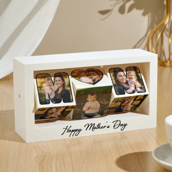 Surpreende com uma prenda original e personalizada. Cubo rotativo com 6 fotos, perfeito para o Dia da Mãe, aniversários e decoração da casa.