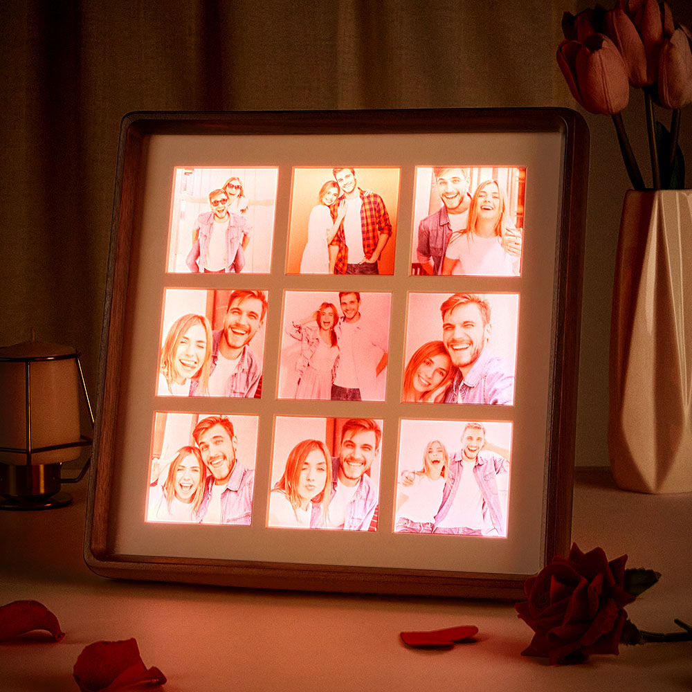 Personalize esta moldura iluminada com 9 fotos e surpreenda com um presente original e emotivo. Ideal para datas especiais e decoração de interiores.