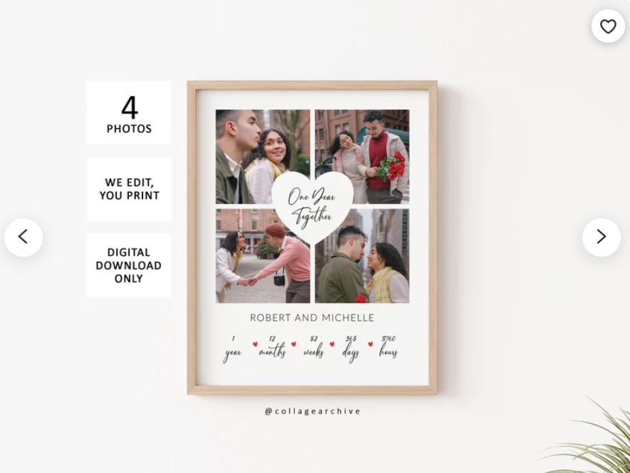 Celebra o amor com uma tela personalizada com fotos e nomes. Um presente original e romântico para casais no Dia dos Namorados, aniversários ou casamento.