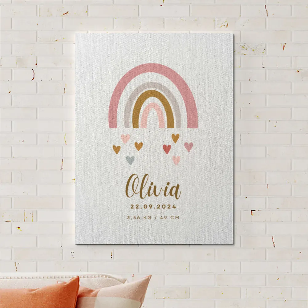 Marca o nascimento do teu bebé com esta tela personalizada com nome, data e dados de nascimento. Ideal para decorar o quarto com ternura e cor.