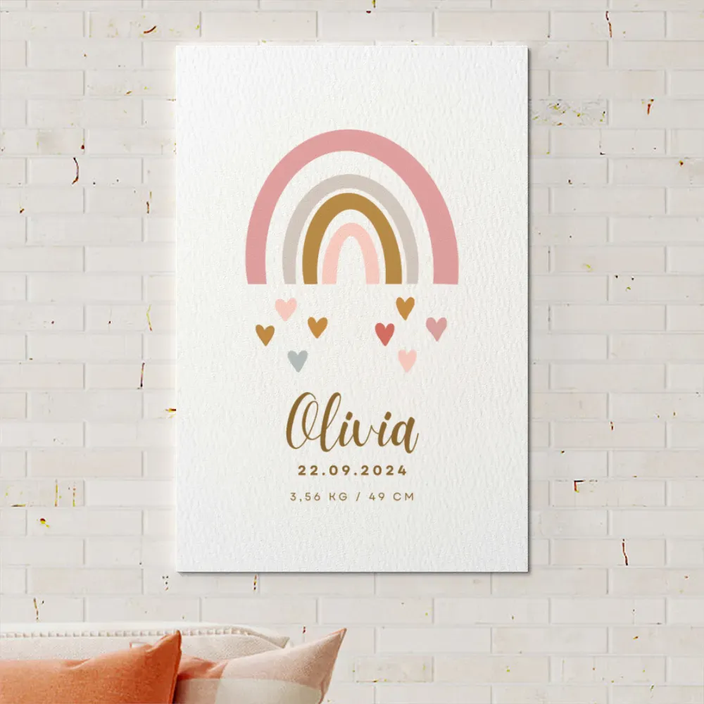 Marca o nascimento do teu bebé com esta tela personalizada com nome, data e dados de nascimento. Ideal para decorar o quarto com ternura e cor.