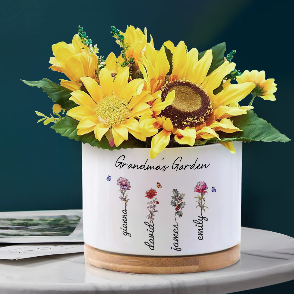 Descubra o vaso personalizado com flor do mês e nome. Um presente original e emotivo para mães, avós e amigas. Ideal para decoração com significado.