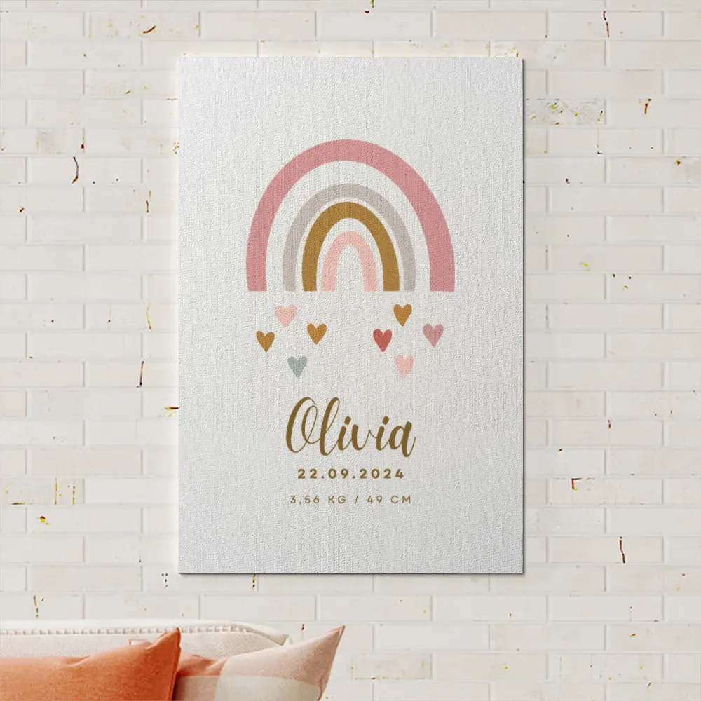 Marca o nascimento do teu bebé com esta tela personalizada com nome, data e dados de nascimento. Ideal para decorar o quarto com ternura e cor.