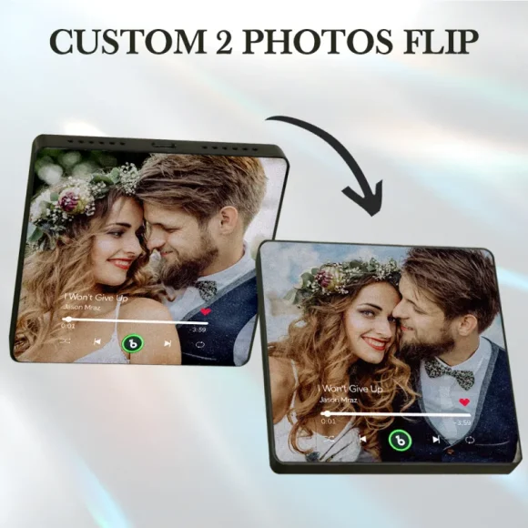 Descubra o Íman Personalizado com Música e 2 Fotos. Uma prenda original e interativa para decorar o frigorífico e celebrar momentos especiais.