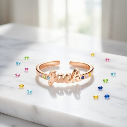 Descubra o anel personalizado com nome e até seis pedras de nascimento. Uma joia elegante e sentimental, ideal para ofertas especiais e momentos únicos.