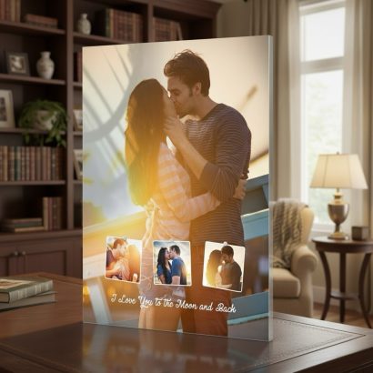 Placa acrílica personalizada com foto e texto, perfeita como presente personalizado ou decoração de interiores. Ideal para ocasiões especiais. Encomende na Prendas Originais.