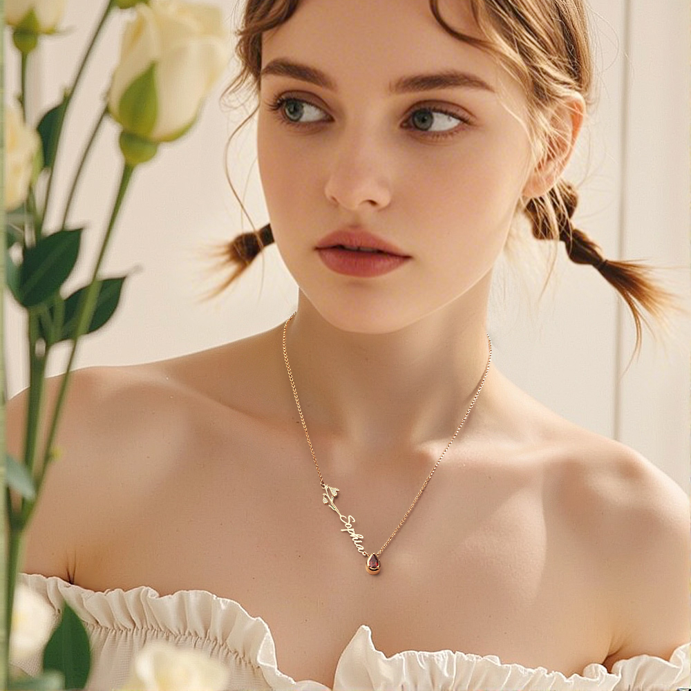 Colar personalizado com flor de nascimento, pedra e nome. Uma joia elegante e cheia de significado, ideal para oferecer em ocasiões especiais. Prendas Originais.