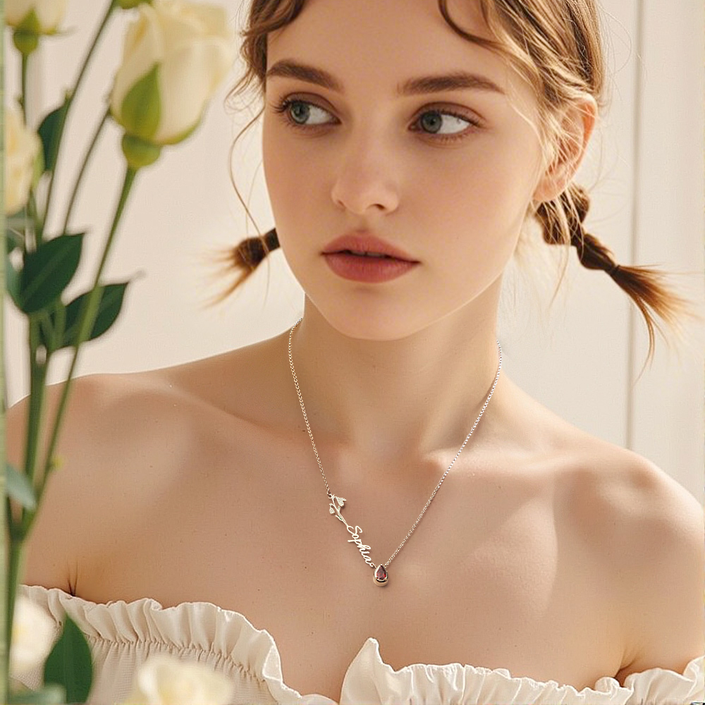 Colar personalizado com flor de nascimento, pedra e nome. Uma joia elegante e cheia de significado, ideal para oferecer em ocasiões especiais. Prendas Originais.