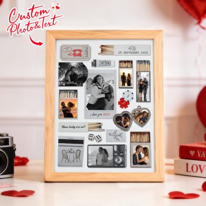 Crie um quadro personalizado com fotos e texto em estilo matchbox. Uma prenda original e decoração de parede personalizada perfeita para aniversários, Dia dos Namorados e ocasiões especiais.