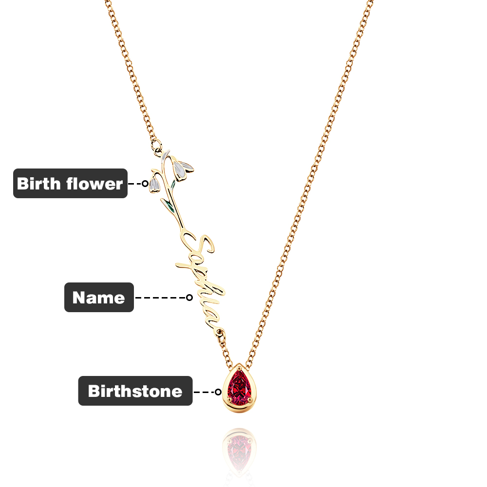 Colar personalizado com flor de nascimento, pedra e nome. Uma joia elegante e cheia de significado, ideal para oferecer em ocasiões especiais. Prendas Originais.
