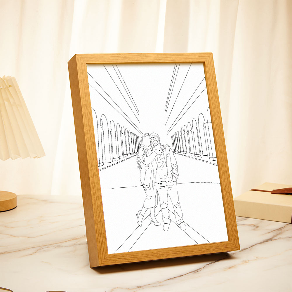 Moldura luminosa personalizada com foto em line art. Um presente original e emotivo para oferecer em datas especiais. Decoração personalizada na Prendas Originais.