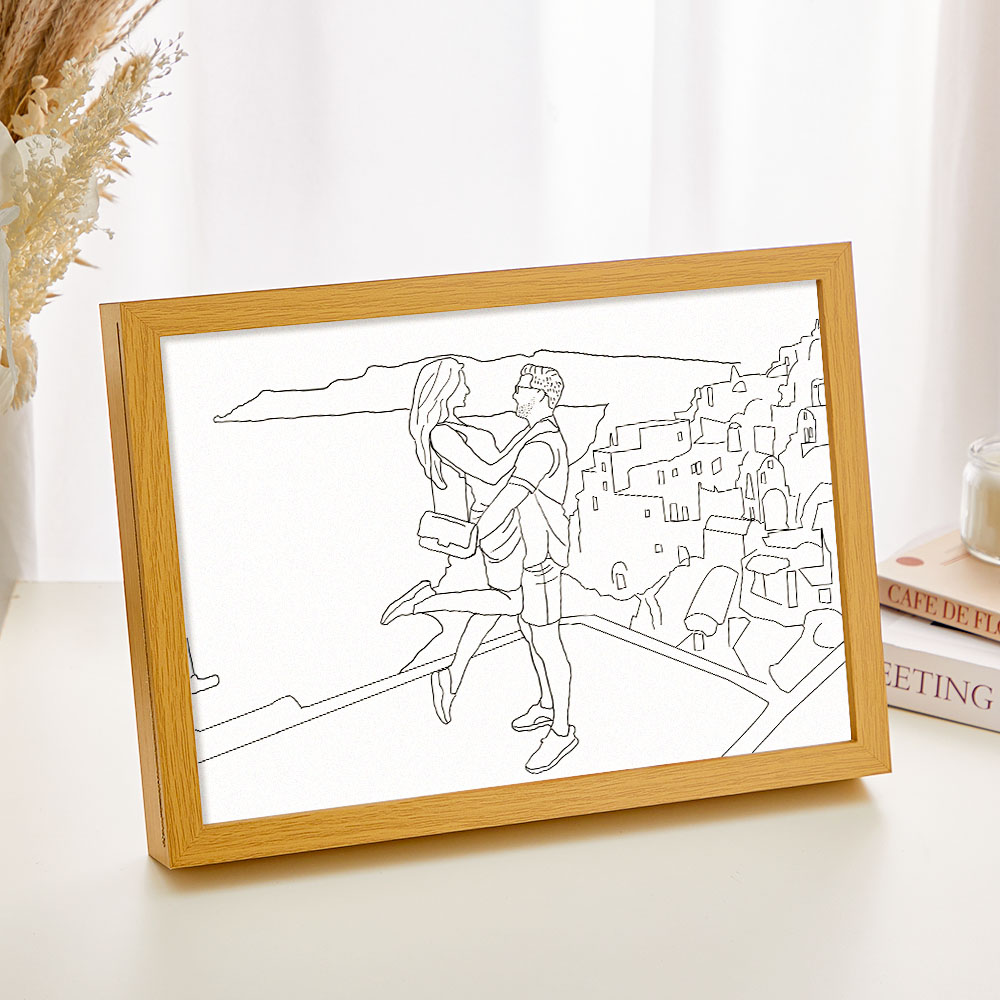Moldura luminosa personalizada com foto em line art. Um presente original e emotivo para oferecer em datas especiais. Decoração personalizada na Prendas Originais.