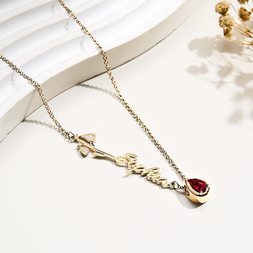 Colar personalizado com flor de nascimento, pedra e nome. Uma joia elegante e cheia de significado, ideal para oferecer em ocasiões especiais. Prendas Originais.