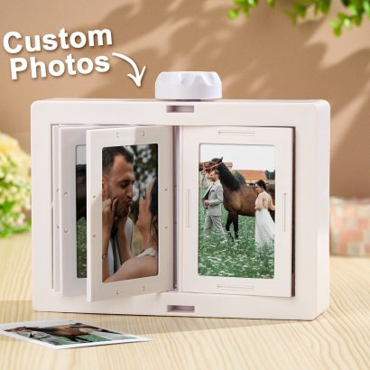 Carrossel de fotos giratório personalizado com até 24 imagens. Uma moldura original e interativa, perfeita como presente personalizado e decoração de interiores.