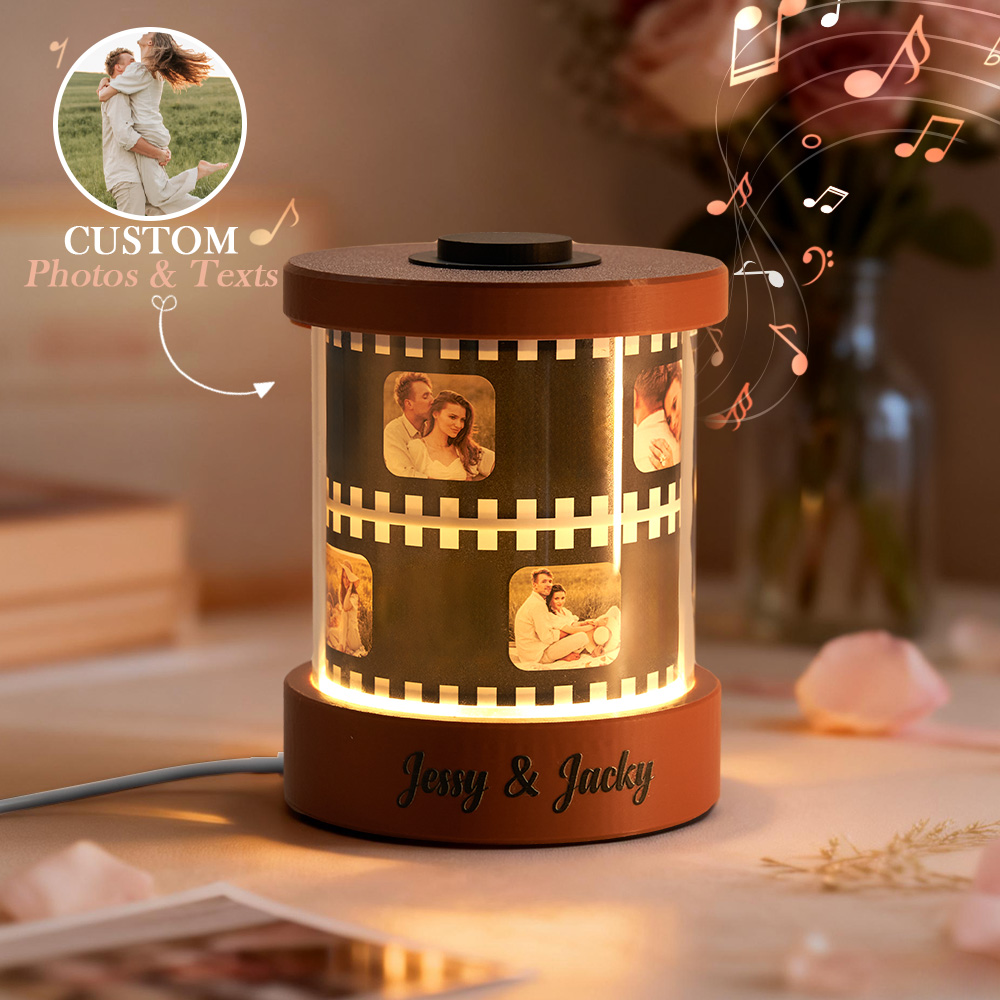 Crie uma Lâmpada LED Personalizada Rolo de Filme com Fotos e Texto. Um presente original e romântico com iluminação LED suave e design inspirado em película fotográfica.