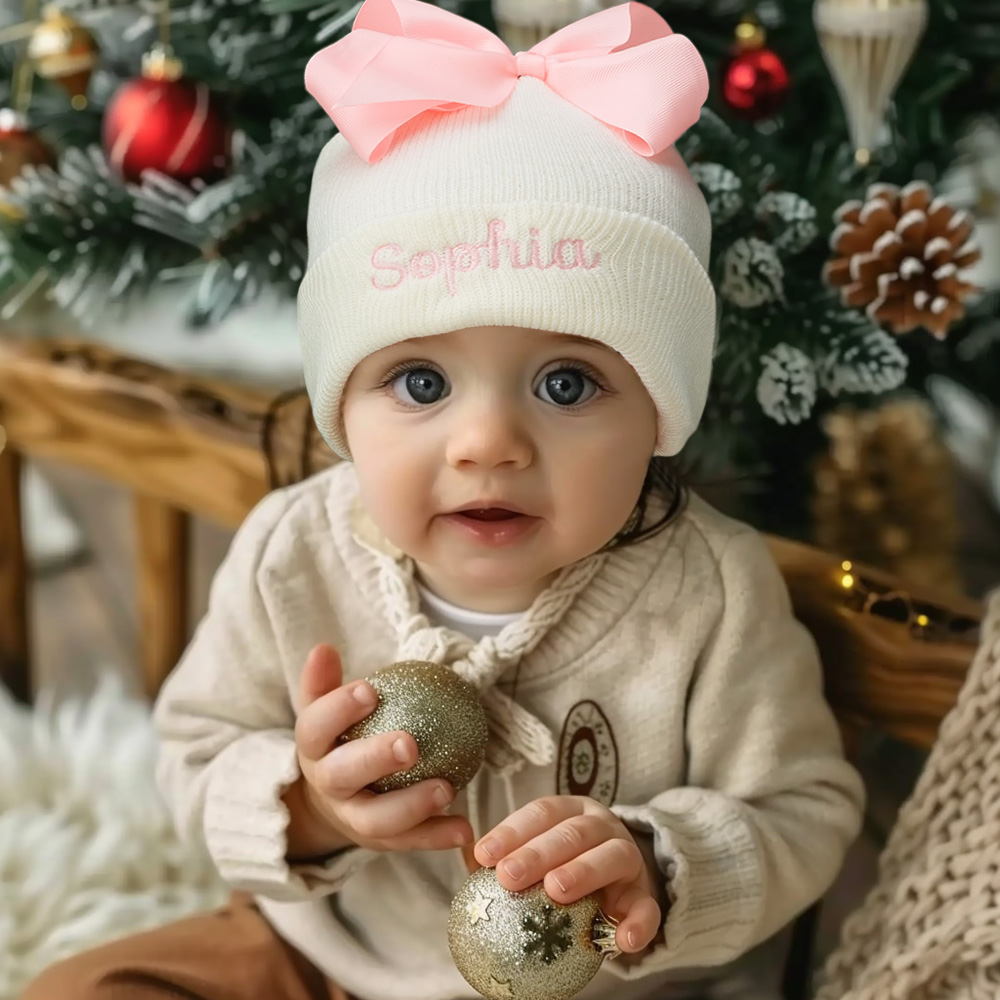 Personalize um adorável gorro de bebé com nome bordado e laço decorativo. Um presente original para nascimento, batizado, aniversário ou baby shower.