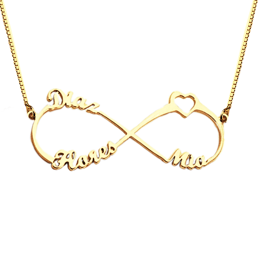 Colar infinito personalizado com até 3 nomes em Prata de Lei 925. Uma joia única que simboliza amor, família e união. Descubra na Prendas Originais.