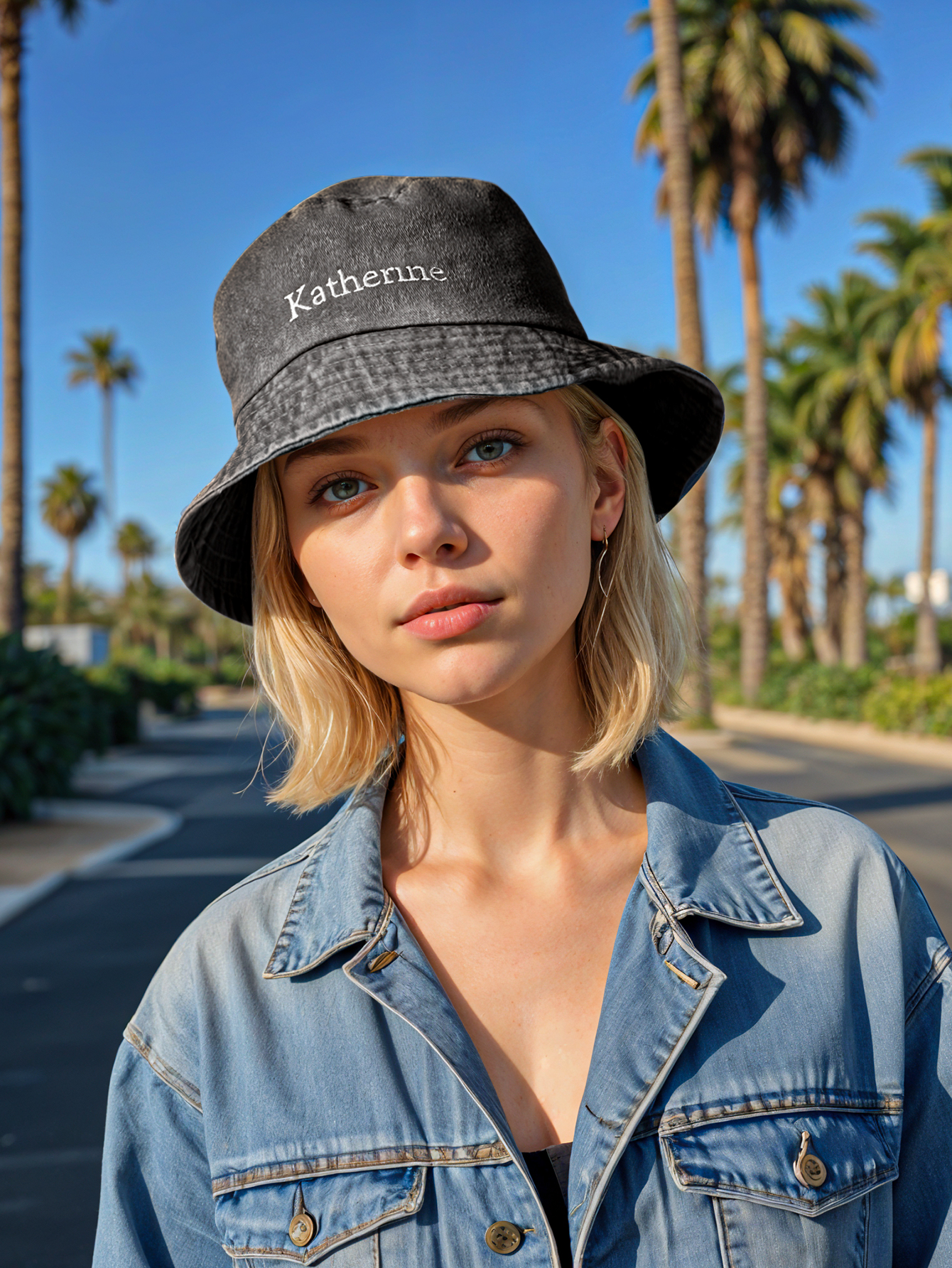 Personalize um chapéu bucket em denim com nome bordado. Um acessório moderno e uma prenda original para aniversários, Natal ou ocasiões especiais.