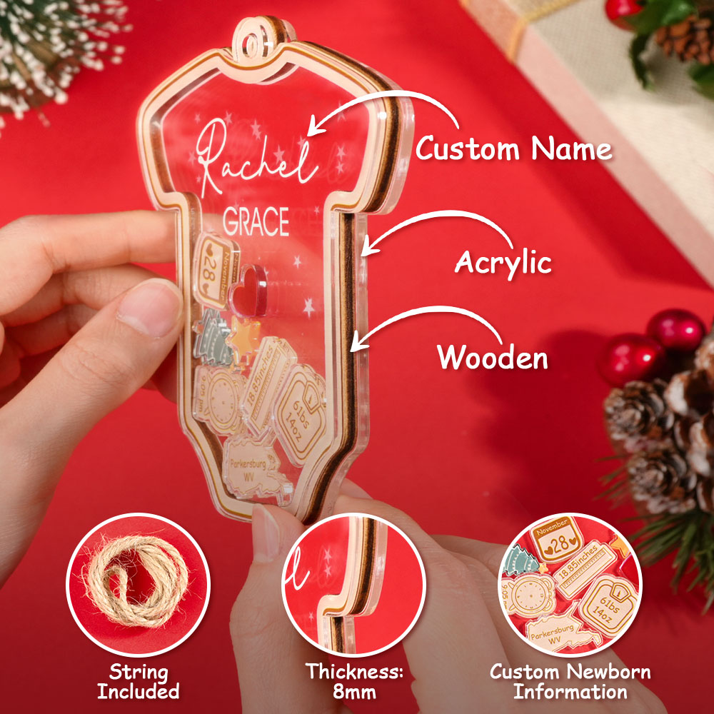 Celebre o primeiro Natal do bebé com um ornamento 4D personalizado em madeira e acrílico. Personalize com o nome e os dados do nascimento para criar uma recordação inesquecível.