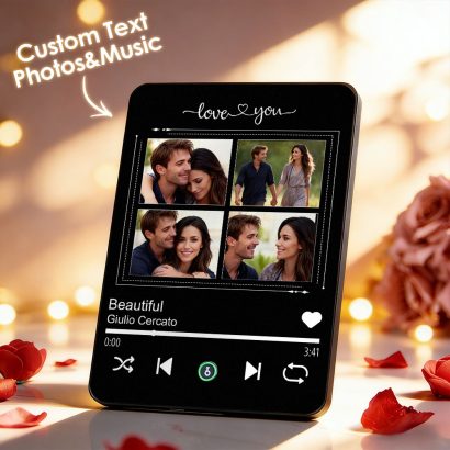 Crie uma Placa Musical Personalizada com 4 fotografias, música e texto. Um presente personalizado original em acrílico, perfeito para aniversários, Dia dos Namorados, casamentos e Natal.