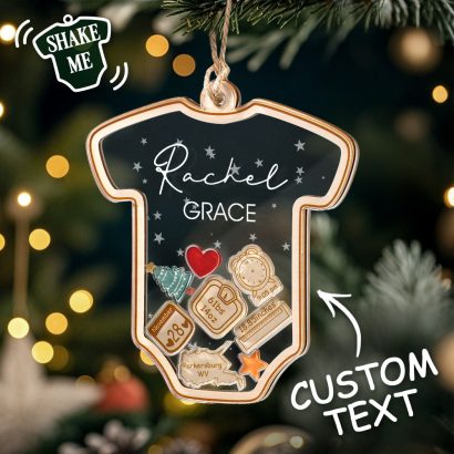 Celebre o primeiro Natal do bebé com um ornamento 4D personalizado em madeira e acrílico. Personalize com o nome e os dados do nascimento para criar uma recordação inesquecível.
