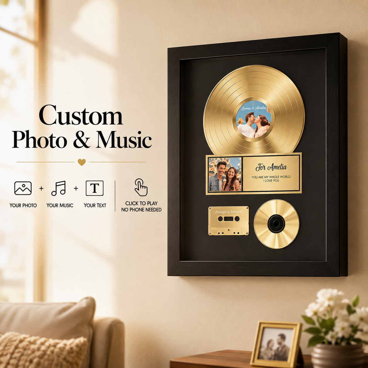 Crie um quadro musical personalizado com foto, música e mensagem. Uma prenda original e decoração de parede única para aniversários, casamentos e momentos especiais.
