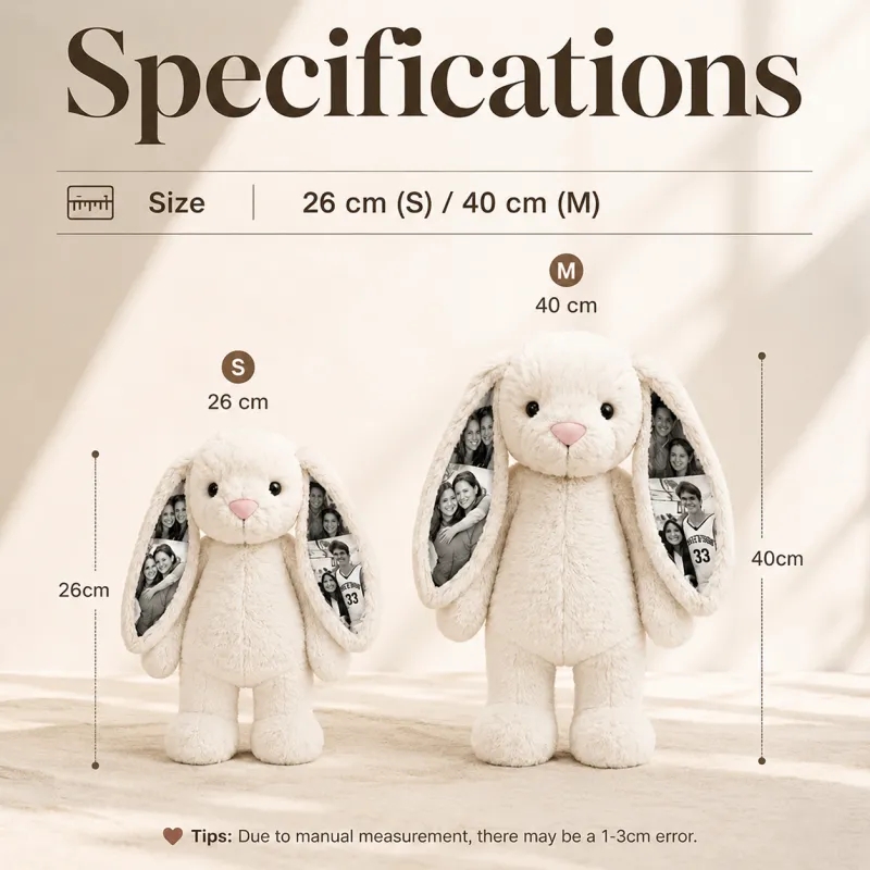 Crie um Peluche Coelho Personalizado com 5 fotografias e 2 mensagens. Uma prenda original e emotiva para aniversários, Dia dos Namorados, nascimento ou Natal.