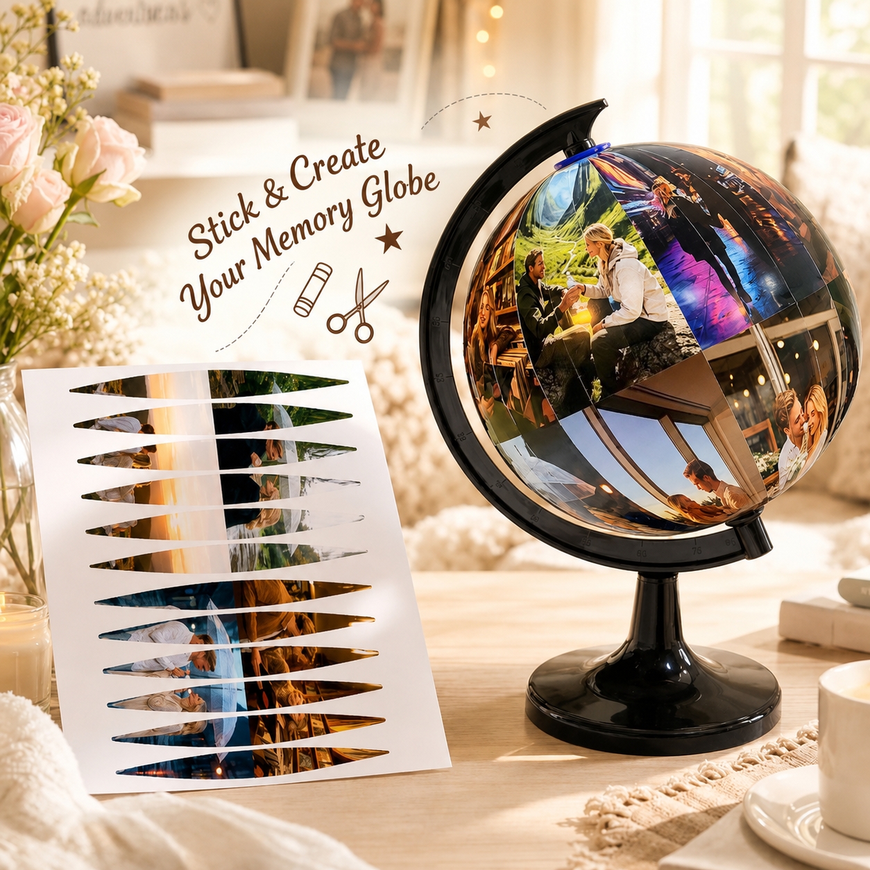 Crie um globo personalizado com as suas fotos e transforme memórias em decoração. Uma prenda original e divertida para aniversários, casamentos e família.