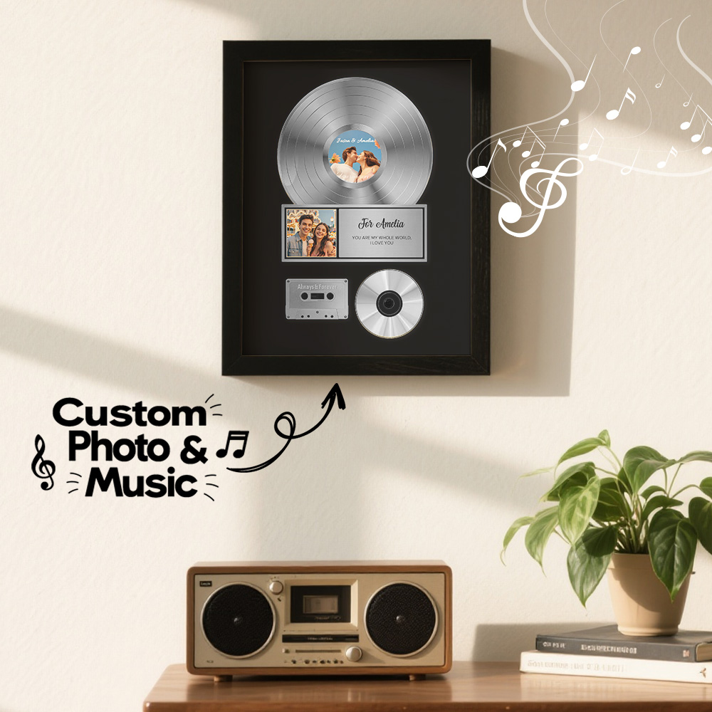 Crie um quadro musical personalizado com foto, música e mensagem. Uma prenda original e decoração de parede única para aniversários, casamentos e momentos especiais.