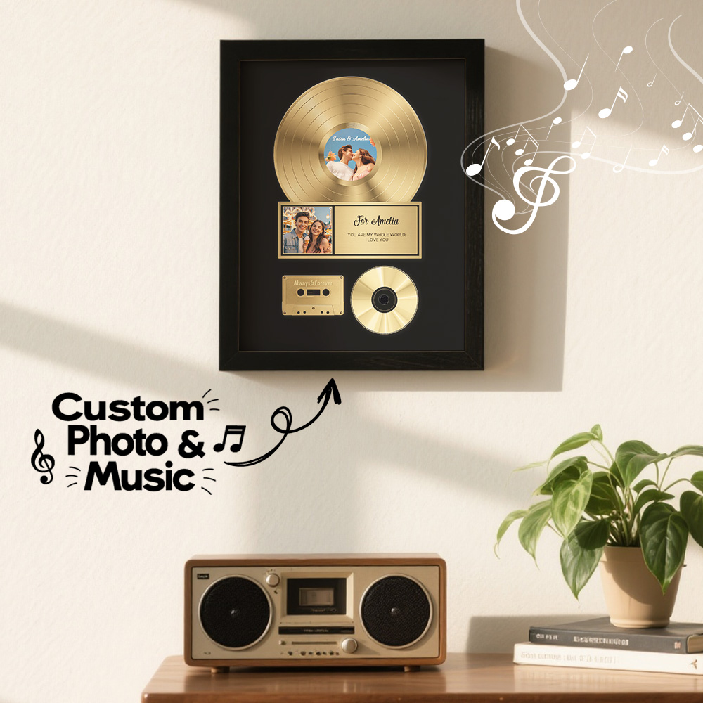 Crie um quadro musical personalizado com foto, música e mensagem. Uma prenda original e decoração de parede única para aniversários, casamentos e momentos especiais.