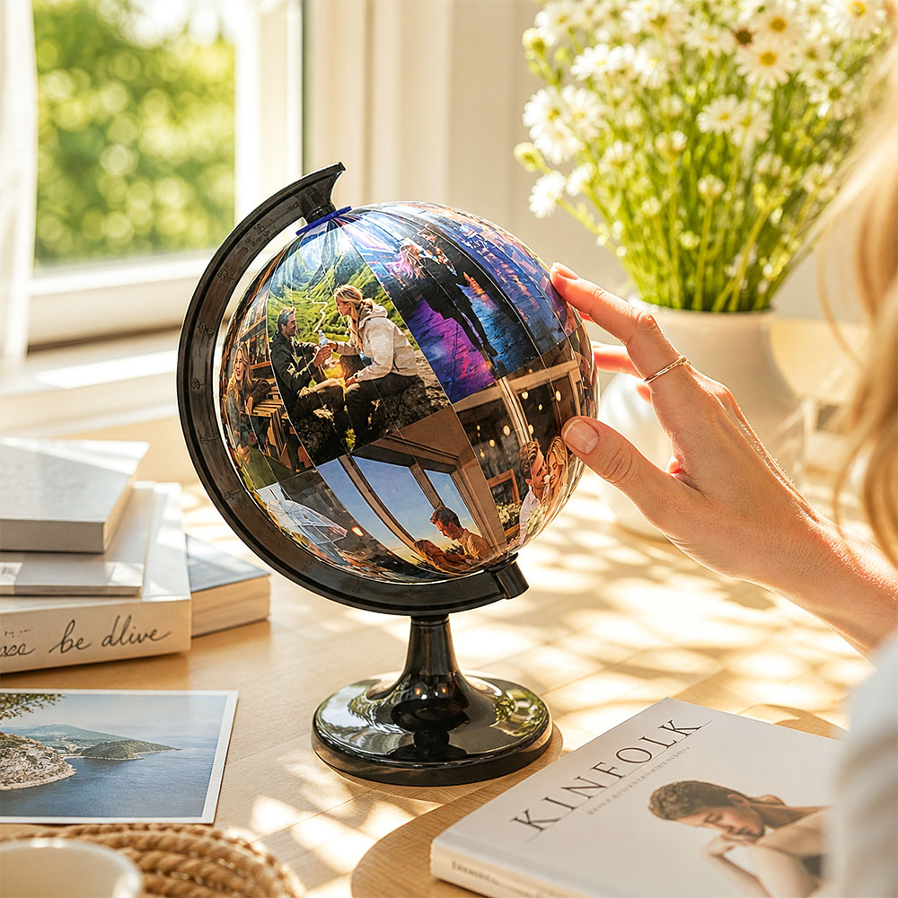 Crie um globo personalizado com as suas fotos e transforme memórias em decoração. Uma prenda original e divertida para aniversários, casamentos e família.